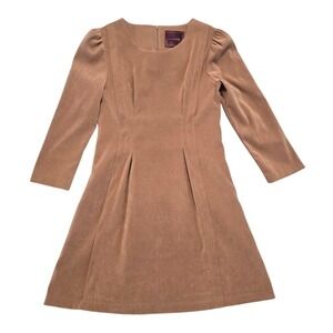 Chloe Chen Womens Camel Brown Faux Suede Skater Dress S Pleated LS Earthy Oxford